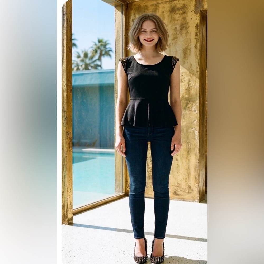Black Bead Black Peplum Tank with Gold Studded Shoulders